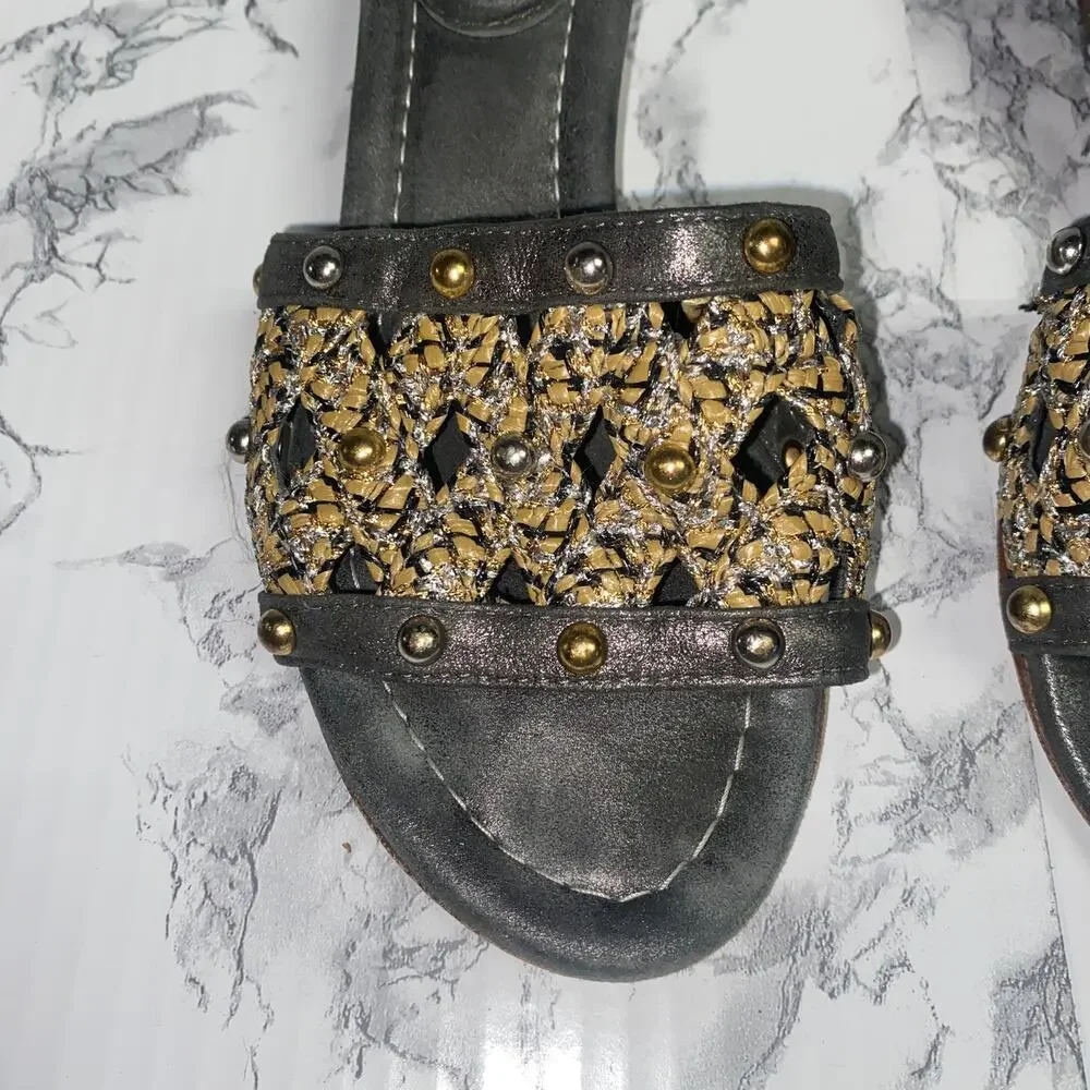 Eric Javits Black Gold Bronze Metallic Crochet Beaded Sandals Women's Size 6